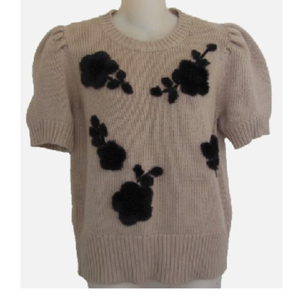 KATE SPADE Puffed Sleeve Floral Applique Cashmere Blend Sweater NWT - Picture 3 of 5